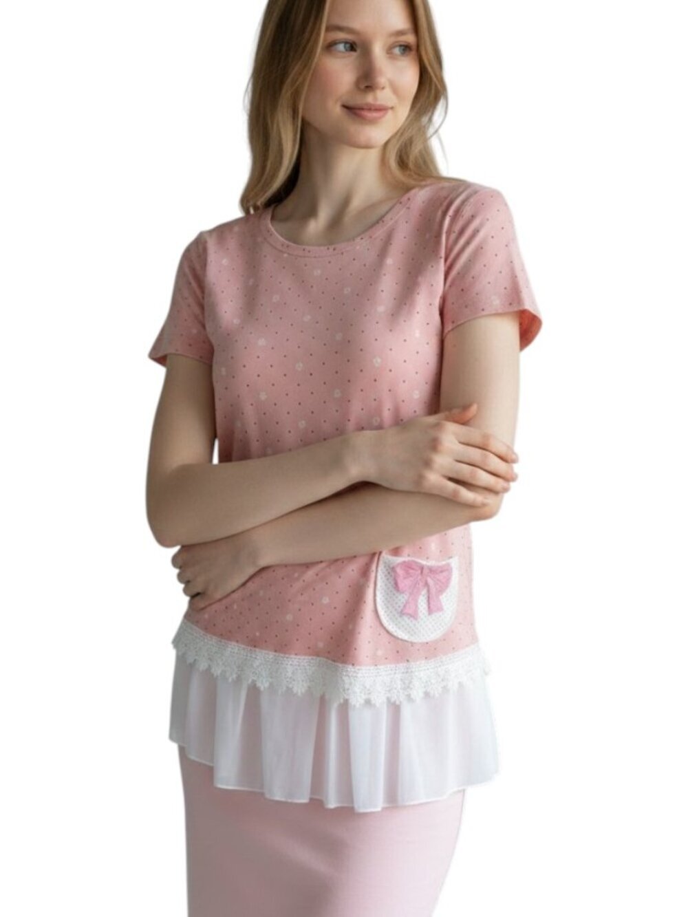 Womens Blouse Pink Polka Dot Bow Lace Trim Ruffle Peplum Top Coquette Feminine M